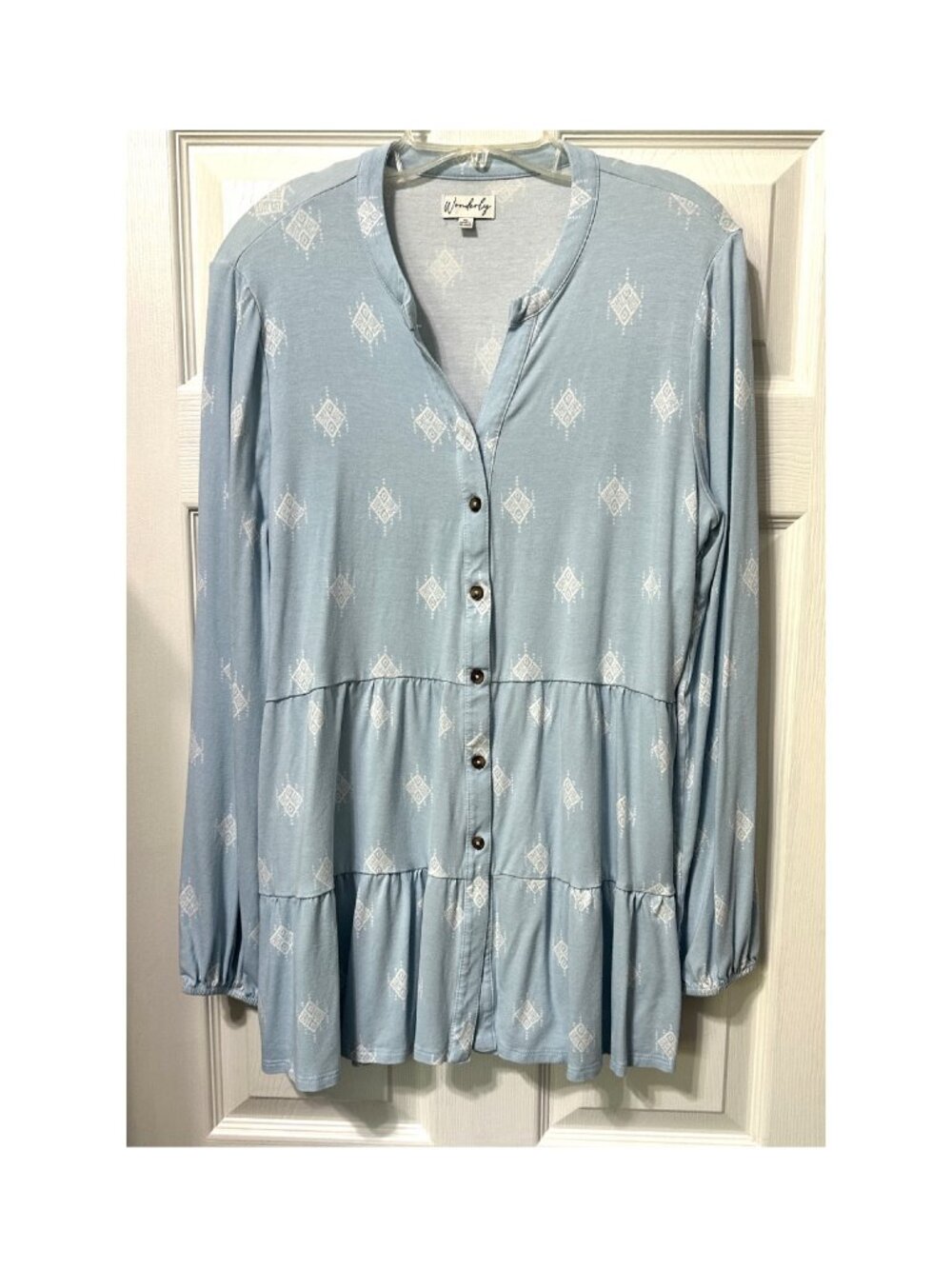 Wonderly Light Blue & White Long Sleeves Tiered Tunic Size X